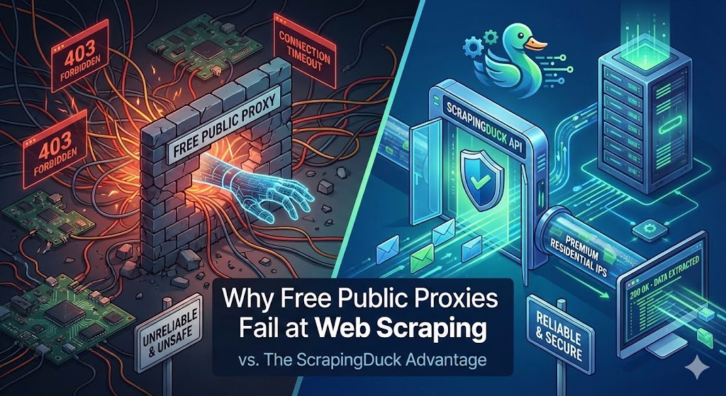 A split-screen comparison illustration: the left side shows a chaotic, broken brick wall labeled "Free Public Proxy" with disconnected cables and 403 errors, while the right side shows a clean, secure, and futuristic server rack labeled "ScrapingDuck API" processing data streams smoothly.